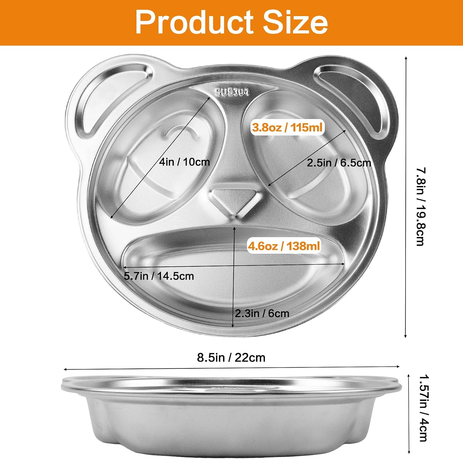 Nexboraque 4 Pack 304 Stainless Steel Divided Plates Tray, 3 Compartment Divided Dinner Plate, Panda Shape Plates Portion Control Plates for Picky Eaters, Lunch, Camping