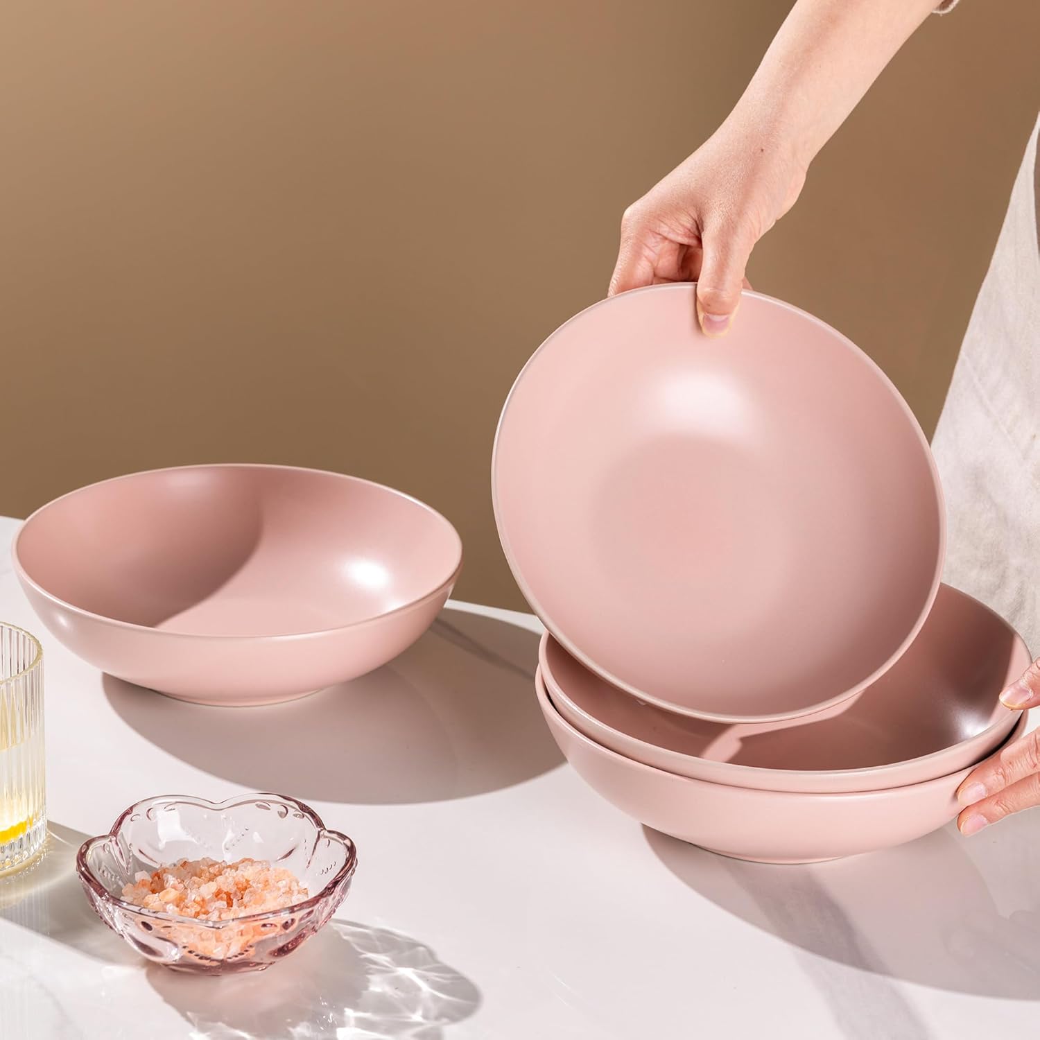 AmorArc 8.75‘’ Large Pasta Bowls, 42 ounce Deep Stoneware Bowls Set of 4 for Kitchen, Wide Bowl for Pasta/Salad/Fruit/Oatmeal/Soup, Microwave&Dishwasher Safe-Matte Pink