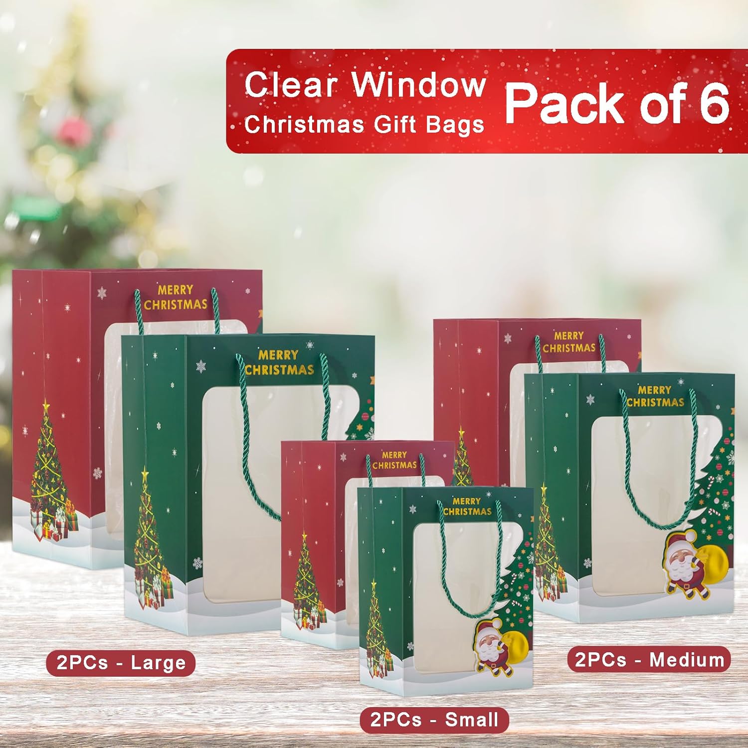 Christmas Gift Bags 6Pcs Reusable Tote Bags with Handles Red & Green Goody Bags Assorted Sizes for Paper Xmas Gifts Bags Wrapping Shopping, Holiday Gifts (2 Large 13", 2 Medium 12", 2 Small 10")