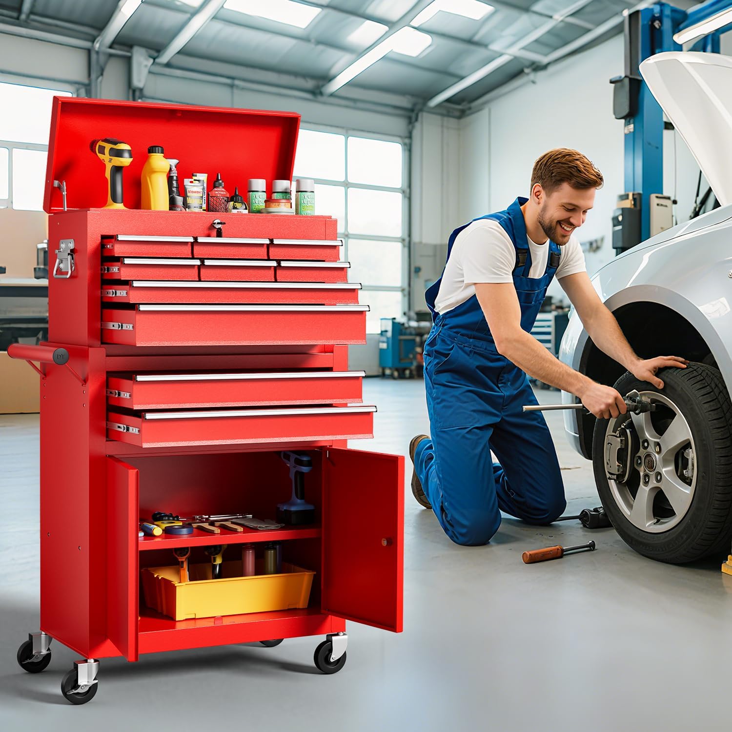 10-Drawer Rolling Tool Chest with Wheels, Rolling Tool Chest Heavy Duty, 2 in 1 Lockable Tool Box with Drawers, High-Capacity Mechanic Tool Organizer, Adjustable Shelf & Detachable Top Cabinet