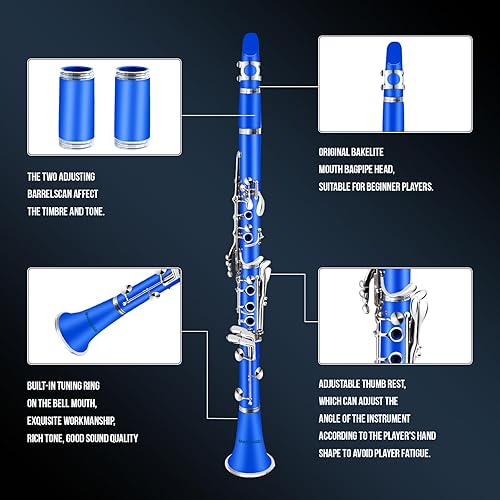Miniatura 3 de Soulmate Bb Flat - Clarinete para estudiantes principiantes con 17 teclas de níquel con 2 barriles y kit de limpieza para clarinete, color azul