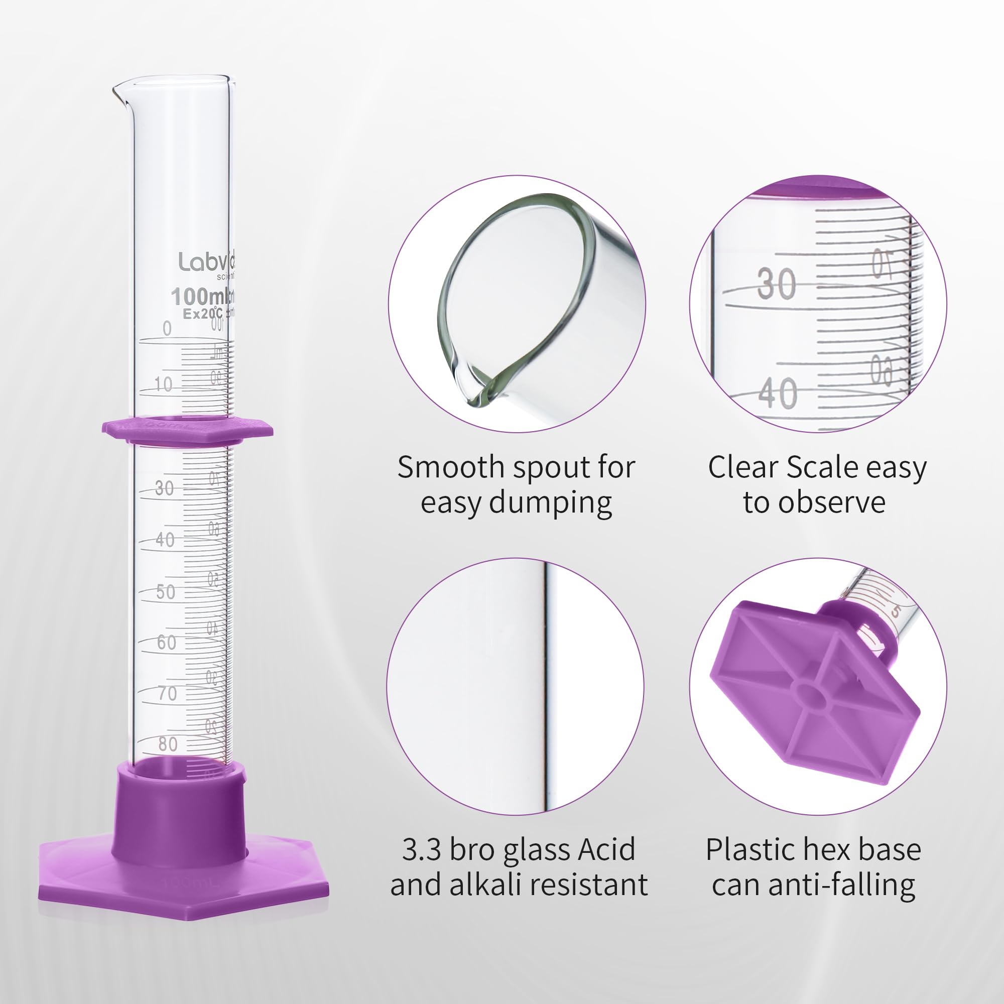 LVE004 - Set di cilindri graduati in vetro borosilicato da 100 ml, con base esagonale in plastica e spazzola, classe B (4 pezzi), LVE004