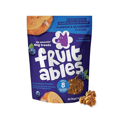 Fruitables Baked Dog Treats – Pumpkin Treats for Dogs – Healthy Low Calorie Rewards – Free of Wheat, Corn and Soy – Pumpkin and Blueberry – 7 Ounces - 7 Ounce (Pack of 1) - Pumpkin and Blueberry