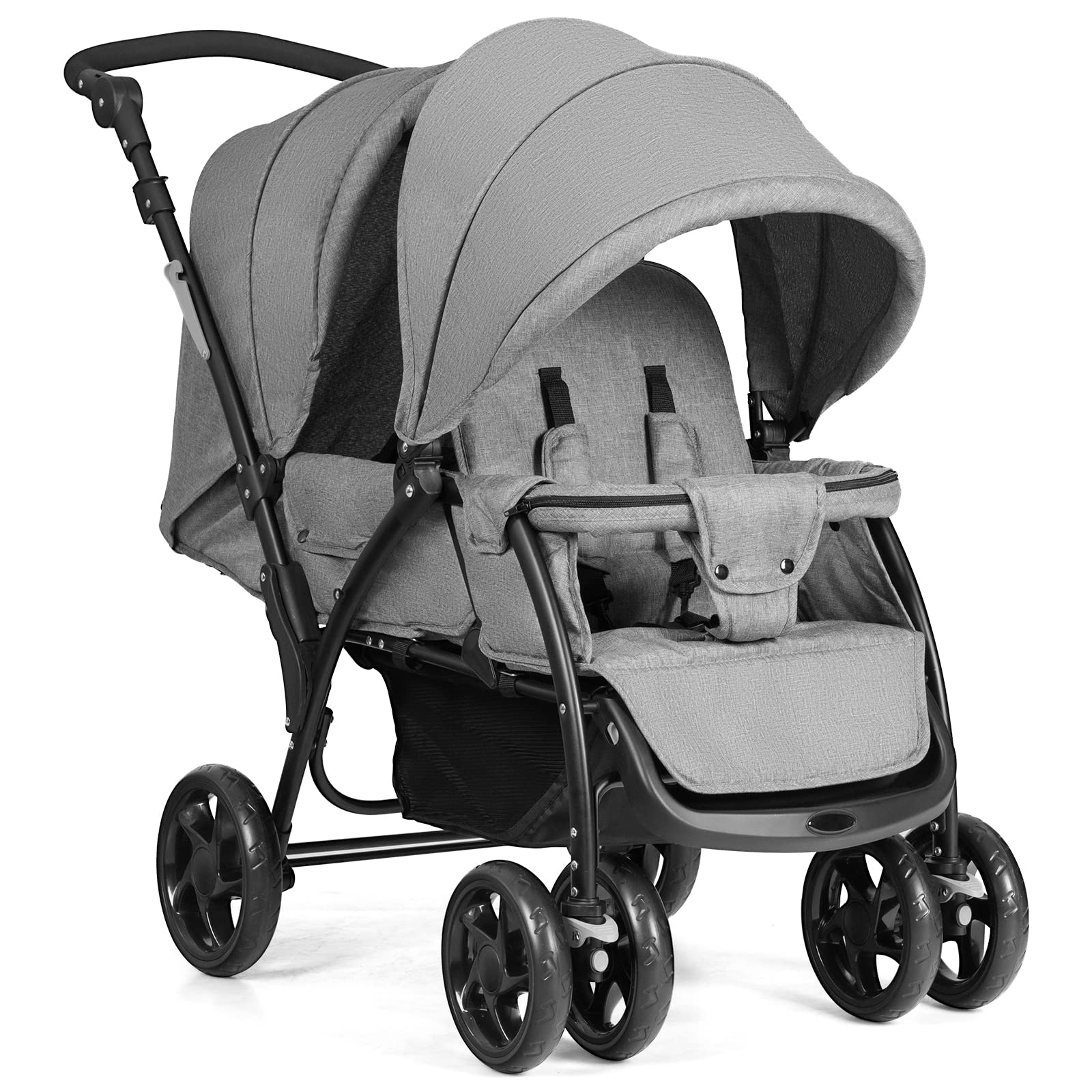 RELAX4LIFE Passeggino Pieghevole Gemellare con Ruote Universali, 2 Cintura di Sicurezza a 5 Punti, 2 Tettoie Regolabili, Maniglia Regolabile per Neonati 0-36 Mesi (GRIGIO)