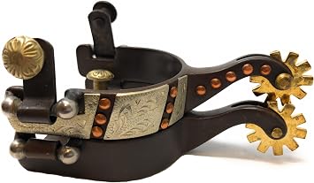 AJ Tack Youth Antique Brown Western Engraved Spurs with Copper Dots