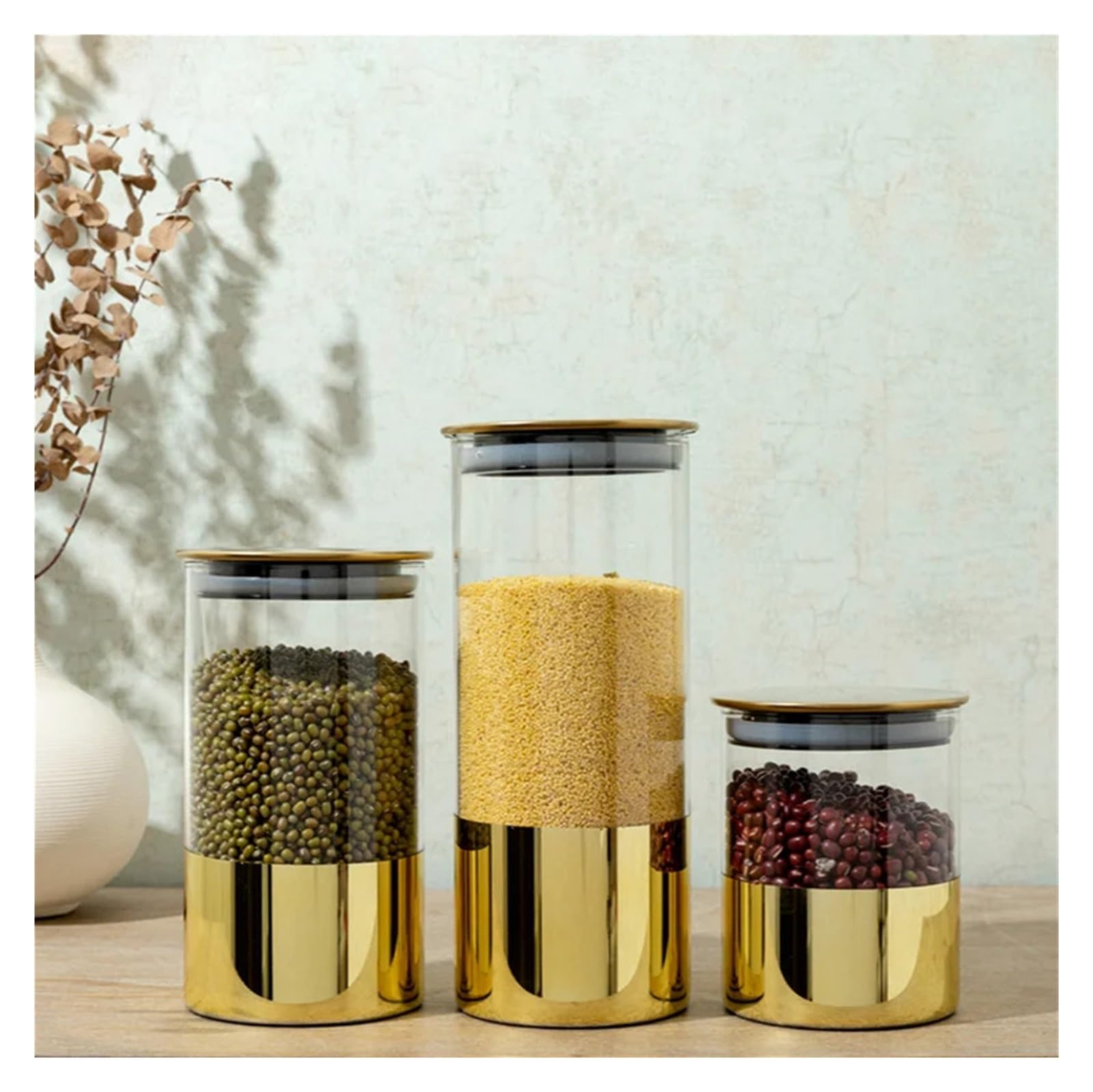 Lata sellada de vidrio, recipiente para café, dorada