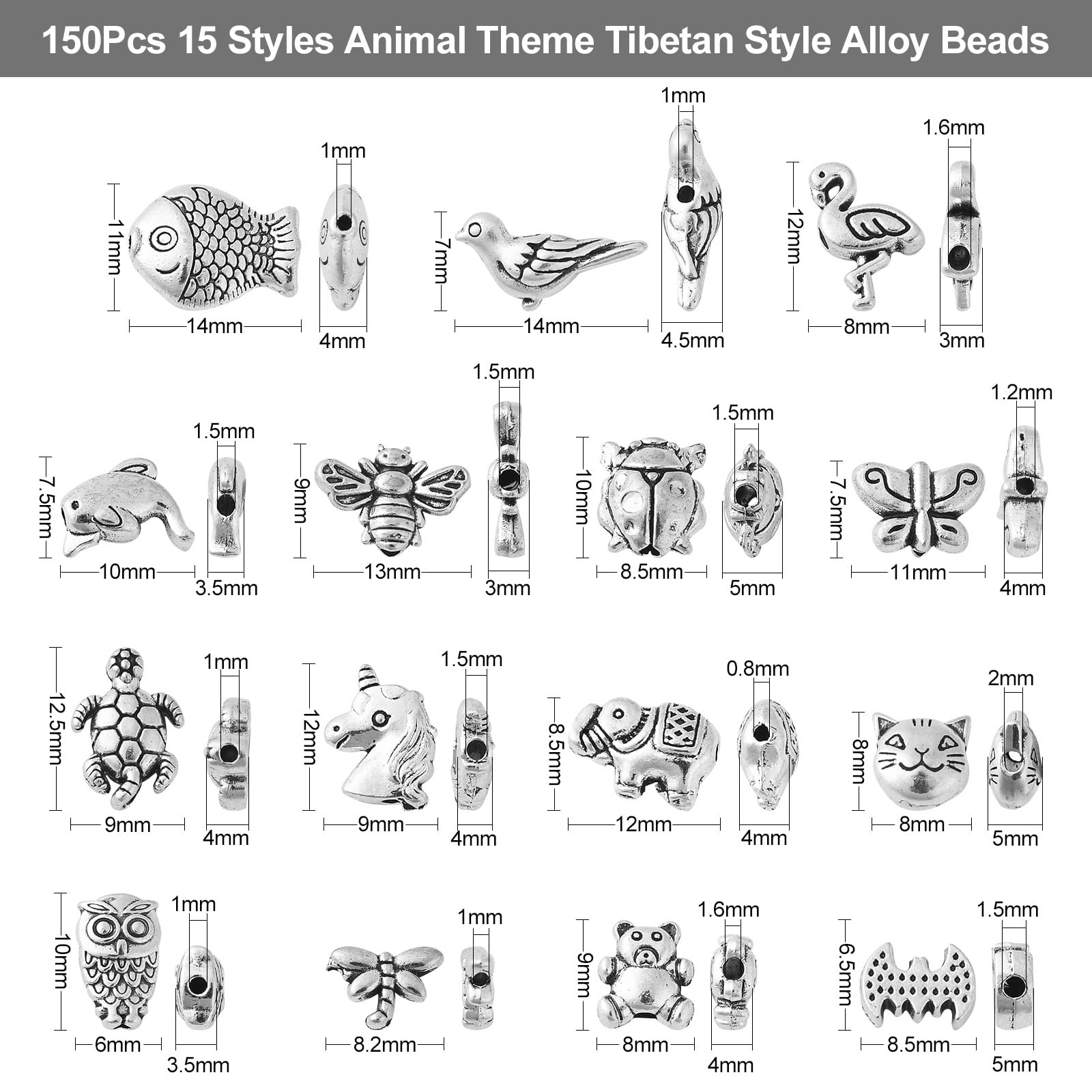 UR URLIFEHALL 150 Pcs Tibetan Silver Animal Spacer Beads Unicorn Bear Owl Bird Butterfly Bee Beads for Jewellery Making Hair Accessories - Image 2