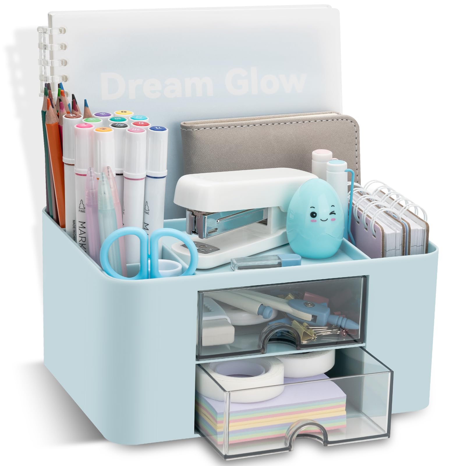 RISEMART Desk Organiser with 2 Drawers, Desk Tidy Organiser with Pen Holder, Large Capacity Desktop Organizer Stationery Storage Box for School Office Home Makeup Desk Supplies (Blue)