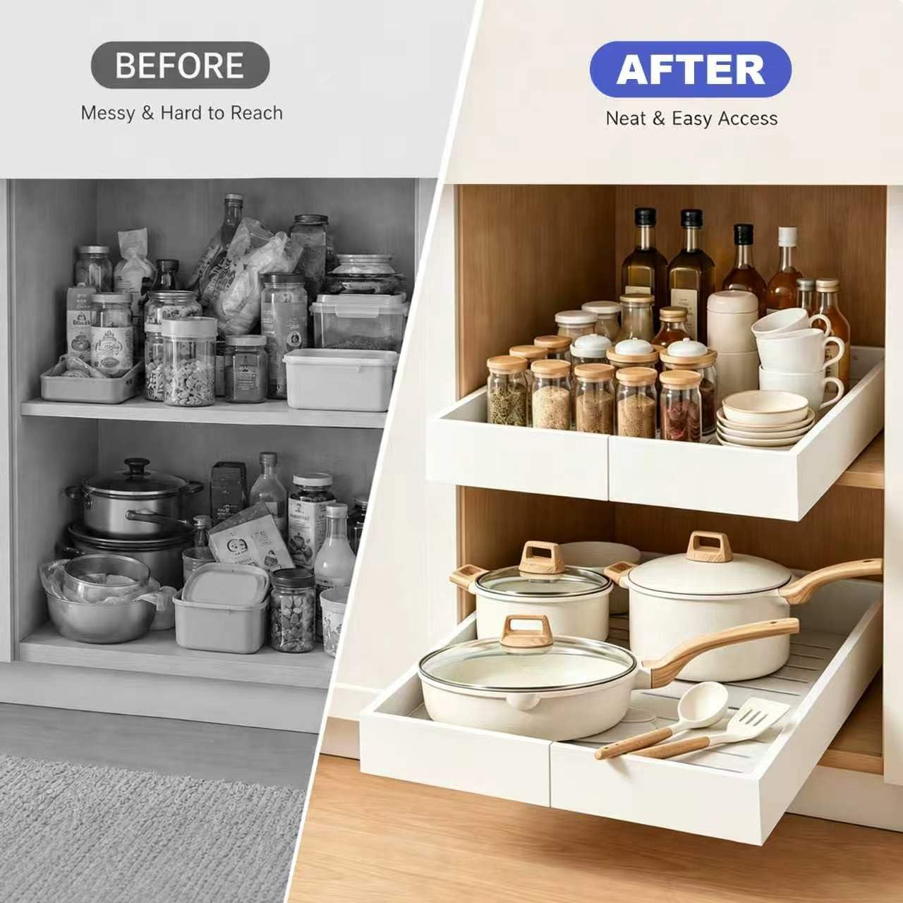 Expandable Pull Out Cabinet Organizer, No-Drill Pull Out Drawers, Roll-Out Shelf with Adhesive Pad & 3 Slide Rails for Framed Cabinets, Kitchen Pantry, 21" Deep, 12.2"-20.4", White, 2 Pack