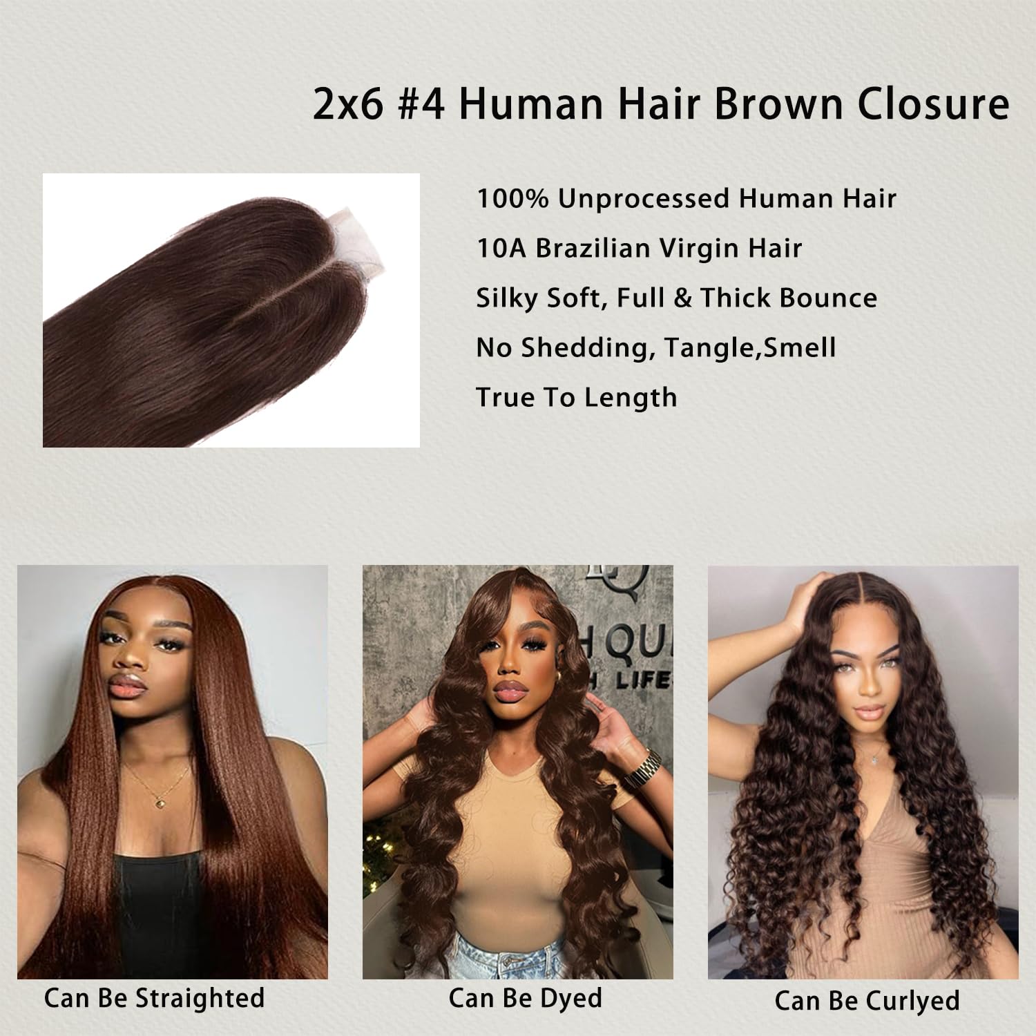2x6 Closure Chocolate Brown 4# Closure Straight 100% Unprocessed Brazilian Virgin Hair With Pre Plucked BabyHair Transparent Lace Closure Hair Extensions Pre Plucked Closure For Women 12 Inch - Image 4