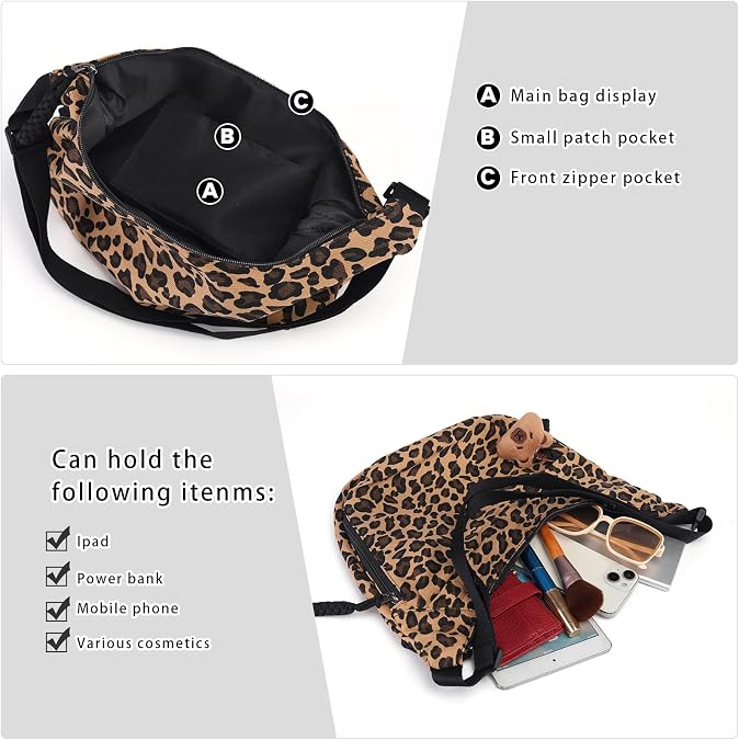 Medium Crossbody Crescent Bag Leopard Print Crossbody Hobo with Adjustable Strap and Inner Pockets