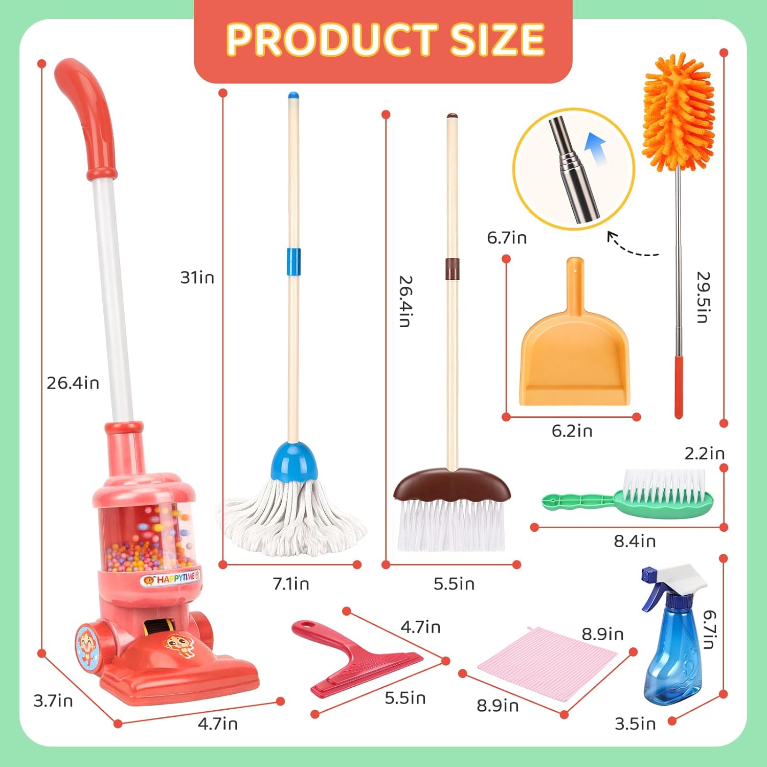 Meland Kids Cleaning Set - 8Pcs Toddler Broom and Toy Vacuum Cleaner, Pretend Play Children House Cleaning Toys, Christmas Birthday Gift for Girls and Boys