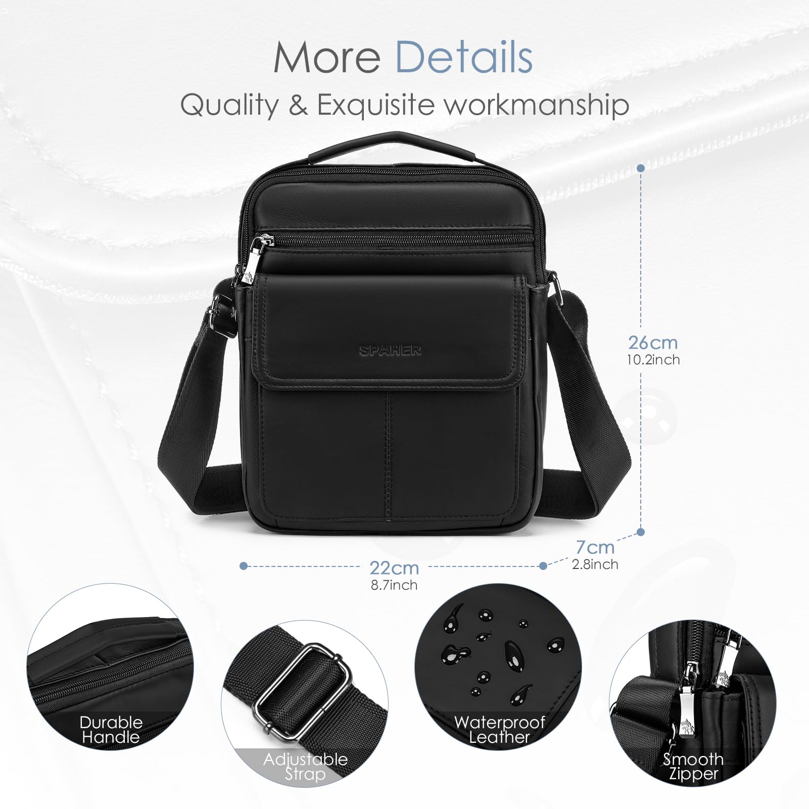 SPAHER Grand Sacoche Homme Bandouliere Cuir Veritable Sac à Bandoulière Vintage Sacs Porté Epaule Pochette Homme Cartable Besaces Crossbody Shoulder Bag pour Business Voyage, Noir