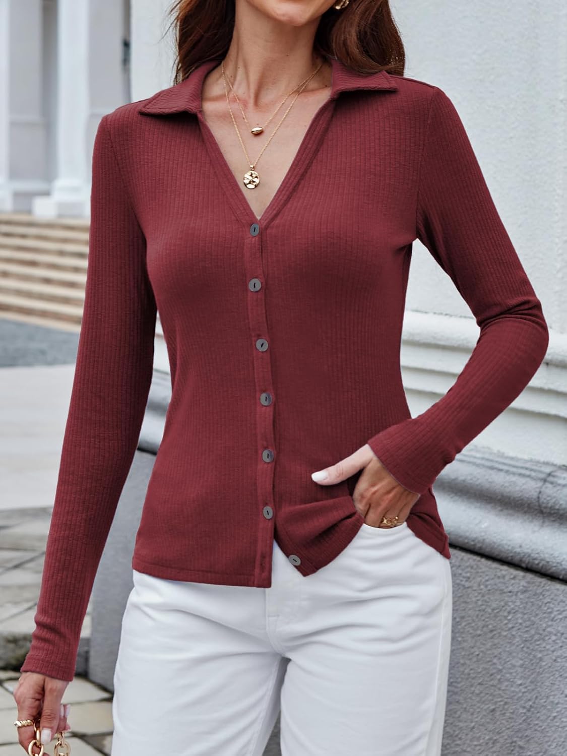 BAISHENGGT Womens Soft Ribbed Knit Polo Shirts Collared V-Neck Button Fastening Long Sleeve Going Out Tops - Image 3