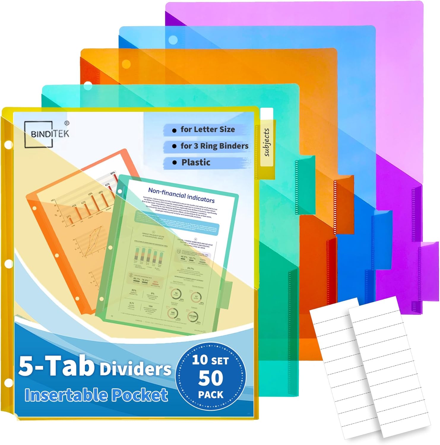 Binditek 5-Tab Binder Dividers with One Front Pocket, Fits Standard 3-Ring Binder, Large Pocket, Insertable Tabs for Quick Organization, Multicolor, 10 Sets (50 Pack)