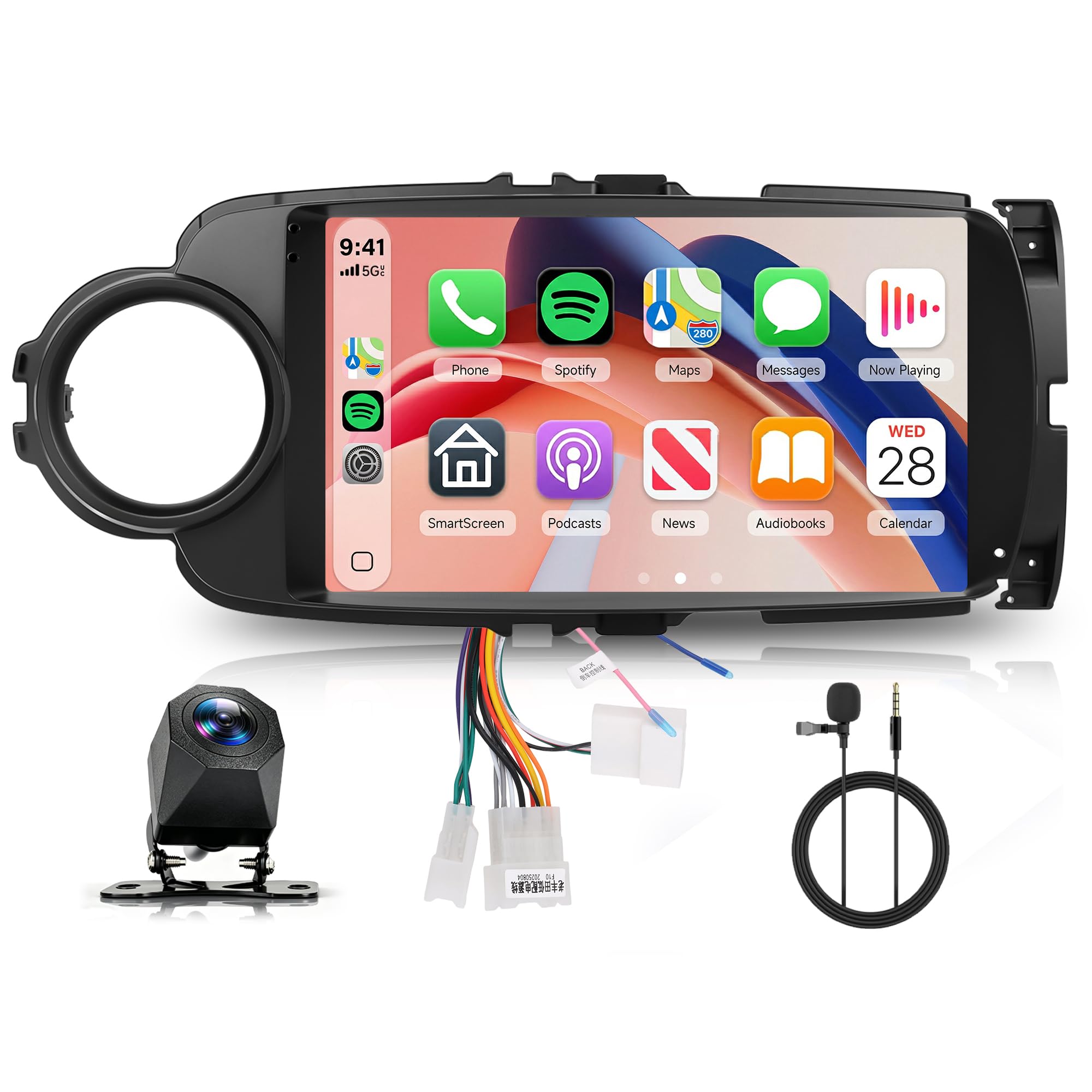 Hodozzy Autoradio pour Toyota Yaris 2012-2017 avec CarPlay sans Fil Android Auto, 9 Pouce Touchsreen avec Bluetooth/RDS Radio/SWC/GPS/Youtube/USB/V-Link/+Caméra de Recul