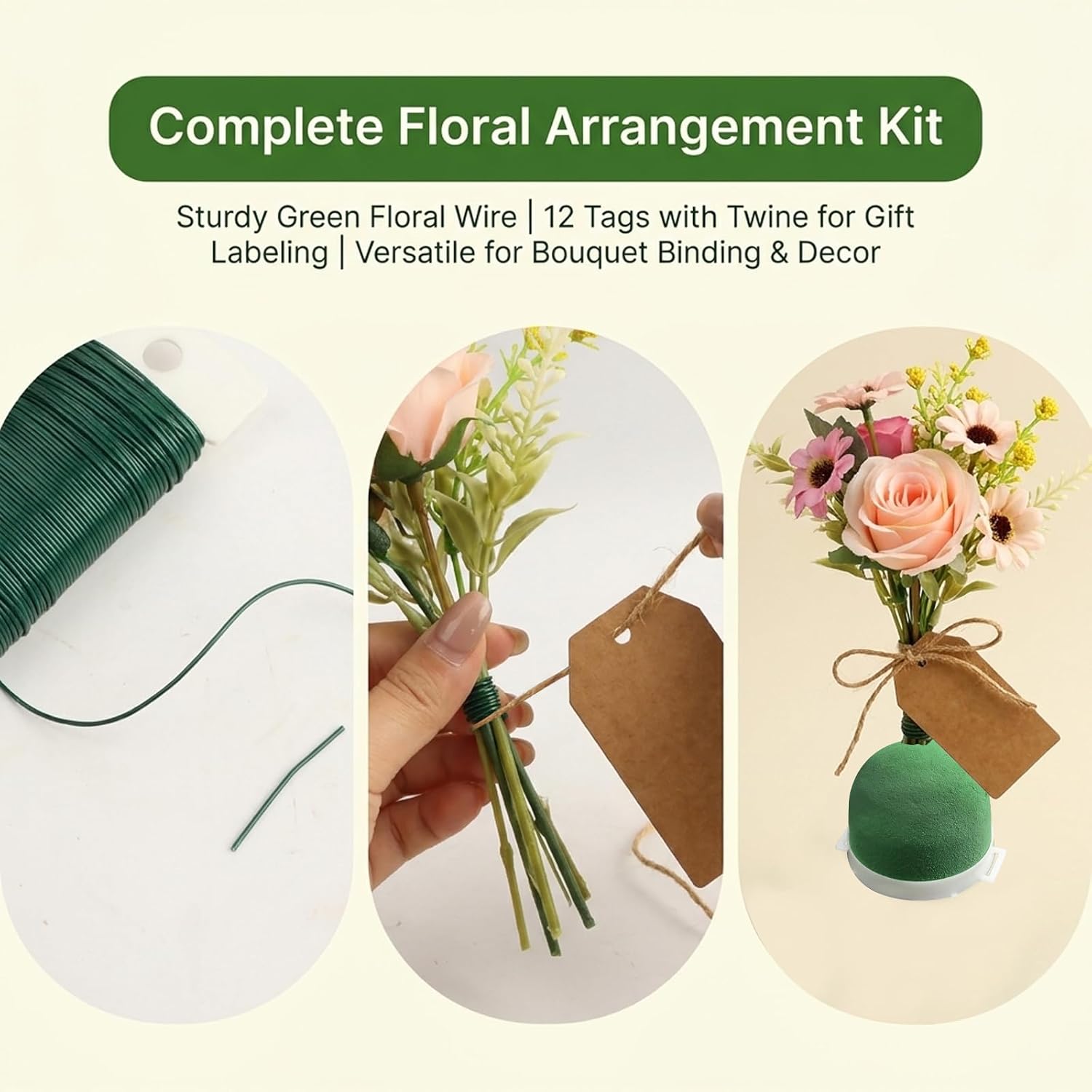 12 Pack Mini Floral Foam Round for Wine Bottles, Half-Round Blocks for Flower Arrangements, 1 Roll Green Floral Wire, 12 PCS Tags with Strings Attached for Wedding Centerpieces, DIY Flower Crafts