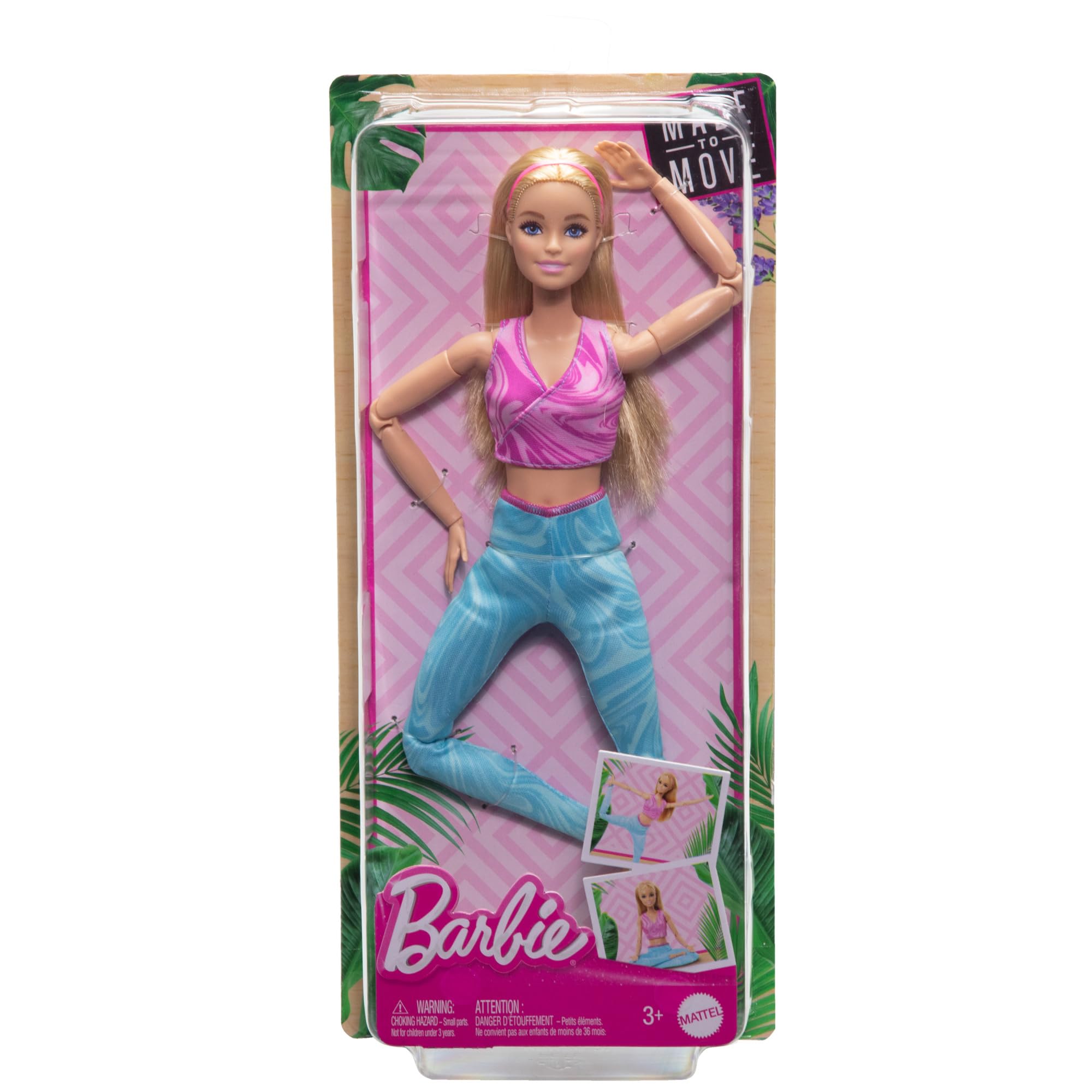 Barbie - Bambola Made to Move, snodata e con articolazioni mobili, capelli biondi con top sportivo rosa e pantaloni blu da yoga, giocattolo per bambini, 3+ anni, HRH27
