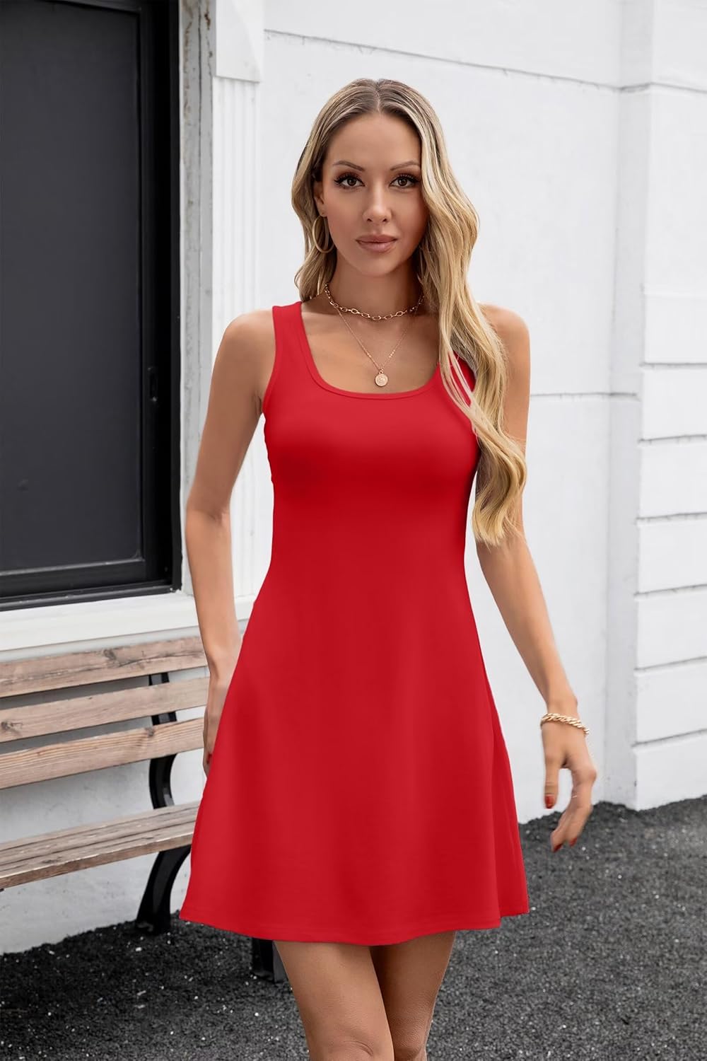 VICHYIE Womens Summer Ribbed Knit Square Neck Dress A Line Flare Mid-Thigh/Above Knee/Mini Ruffle Swing Sundress - Image 2