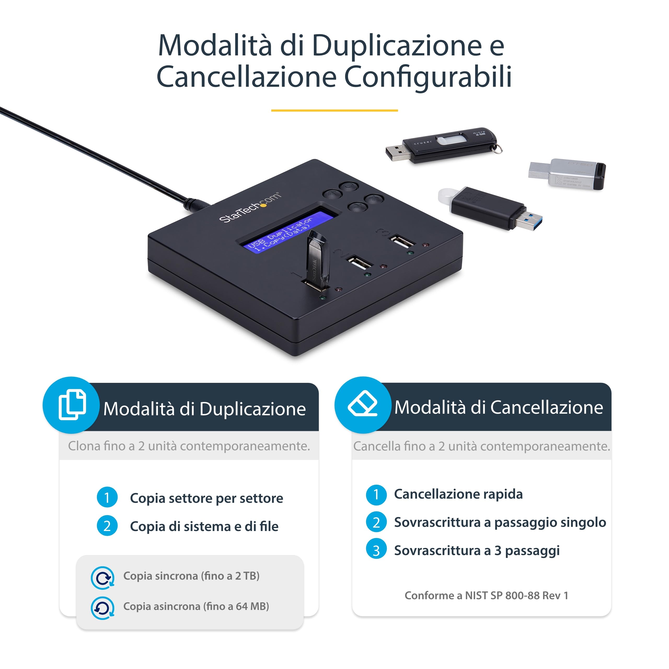 StarTech Duplicatore Clonatore e Cancellatore USB 1:2 per Chiavette, LCD | Cancellazione a 3 Passaggi, Standalone senza PC, Copia del Sistema