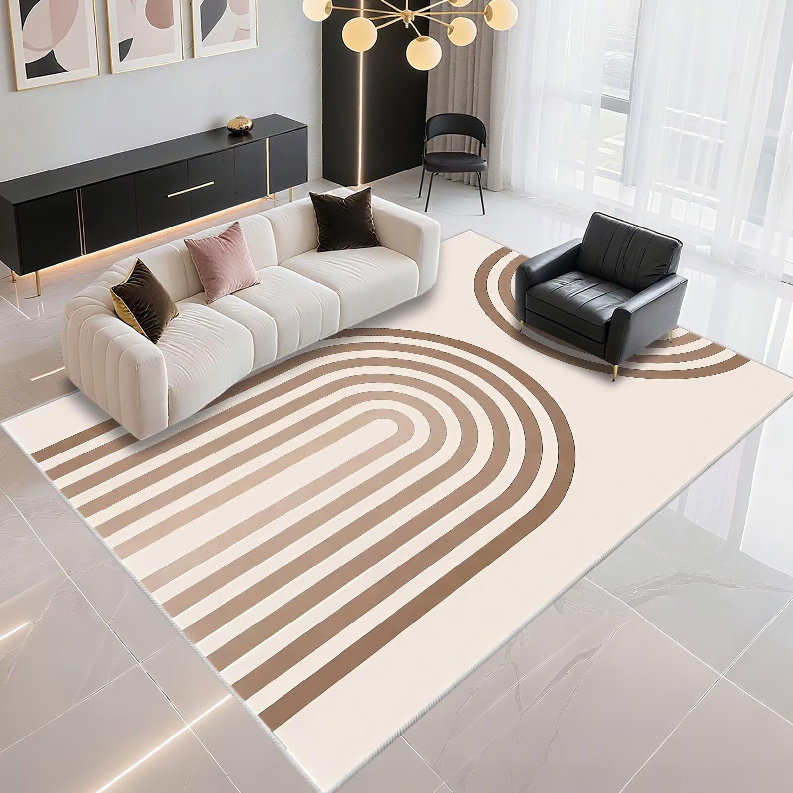 Tapis géant rayures modernes beige-marron pour grand salon
