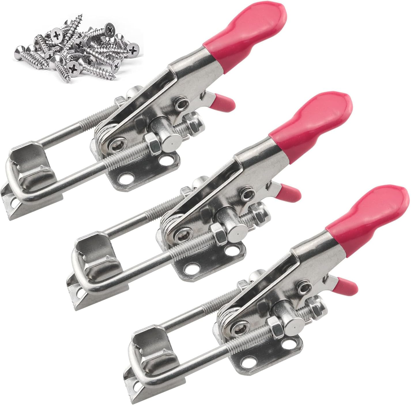 3 Pack Stainless Steel Adjustable Toggle Locking Clasp Latch, Heavy Duty Holding Capacity U Bolt Latch with Anti-slip Hand Grip for Woodworking Jigs, Tool Box, Cabinet, Include 20 Pcs Screw