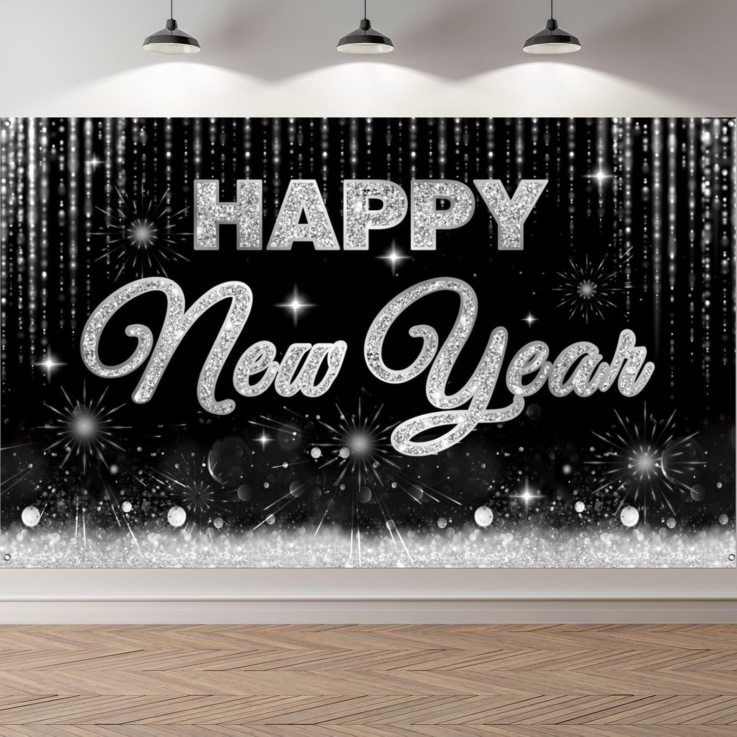 Black and Silver Happy New Year Banner, Large Happy New Year 2026 Banner, NYE Party Decorations Photo Background for Boys, Girls, Friends, Celebrations Party Supplies