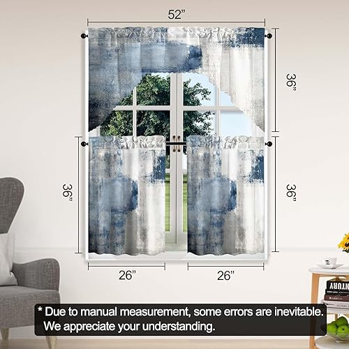 Miniatura 4 de Juego de 3 cortinas de ventana de color marrón oscuro, juego de cenefas de arte abstracto con bolsillo para barra marrón para ventanas de cocina