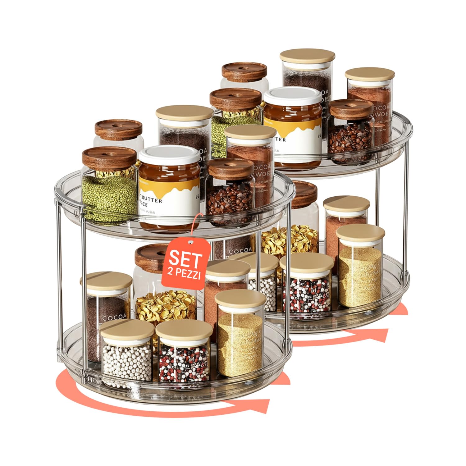 Avilia Set 2 Organizer Rotanti a 2 Livelli - Lazy Susan Salvaspazio per Cucina, Dispensa e Bagno - Porta Spezie e Porta Trucchi Girevole a 360° - Plastica Impermeabile Trasparente - Montaggio Rapido