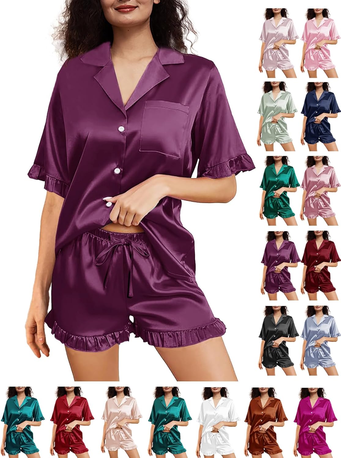 Womens Silk Pajamas Set XS-4XL Button Down Satin Pajama Sets Silky Pj Set Ruffle Sleepwear Lounge Set Nightwear - Image 6