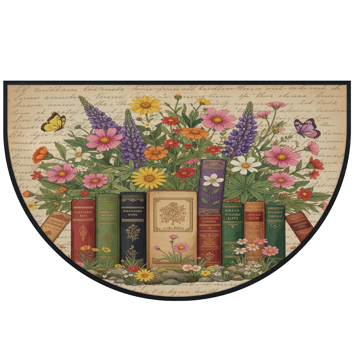 Große halbrunde Fußmatte – Bücher Blumen waschbar rutschfest halbrund Eingangsbereich Teppich – niedlicher, weicher, halbrund, saugfähiger Teppich für Küche, Badezimmer, Schlafzimmer, 160 x