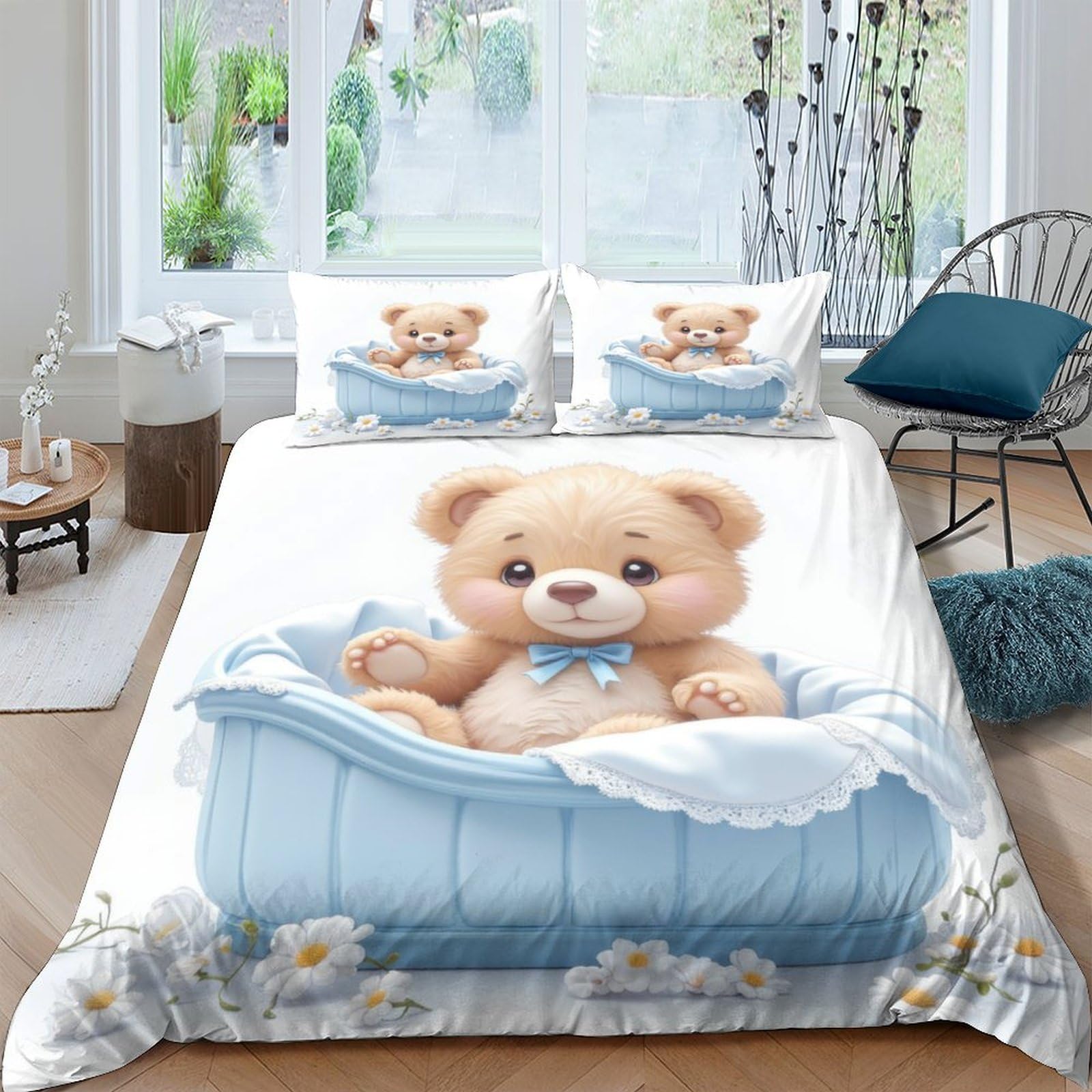 Ctjqhvkz Style-5 3D Printed Cute Teddy Bear Fitted Sheet Microfiber Soft Blue Cartoon Bed Cover For Bedroom Guest Room Easy Care Single（135X200cm）