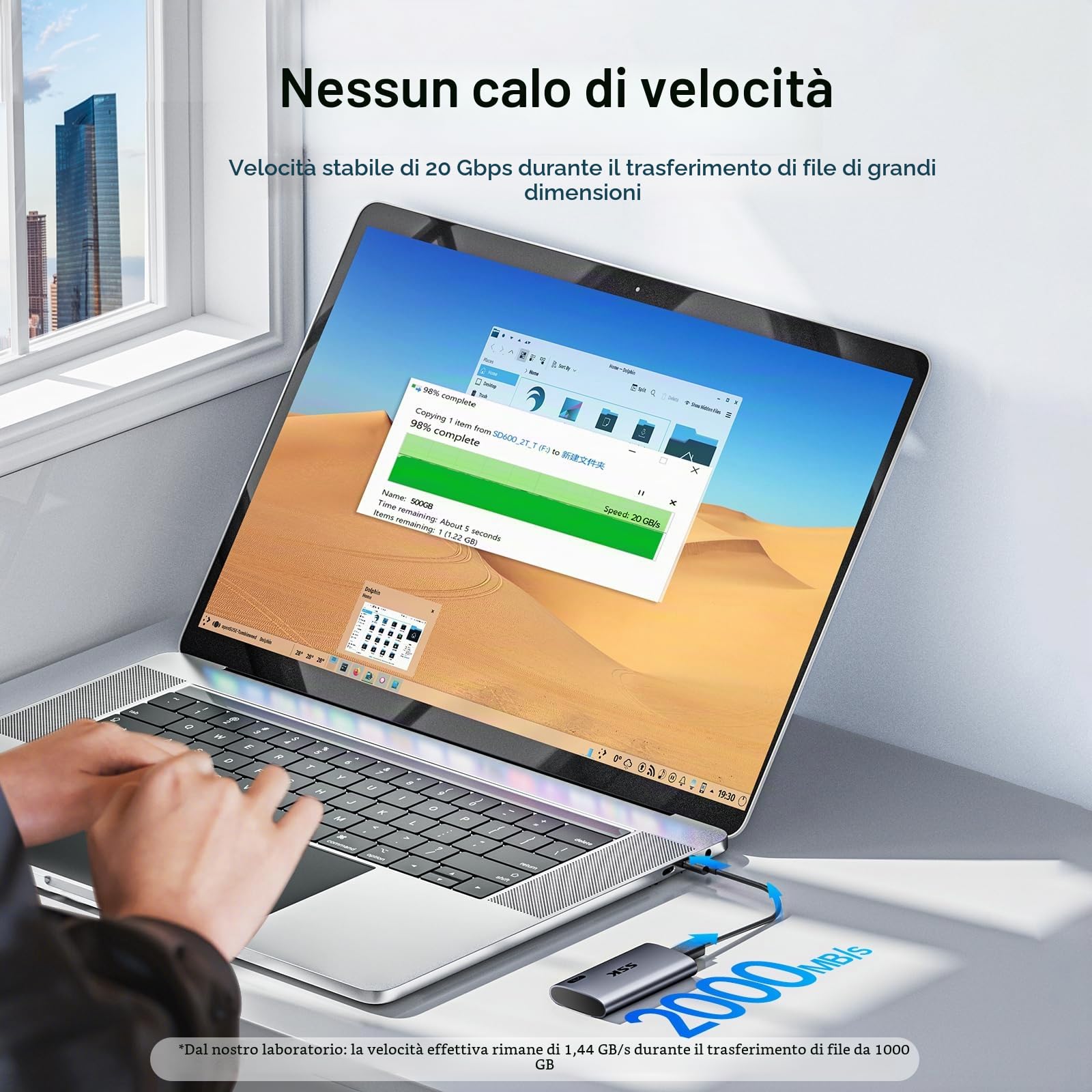 SSK SSD portatile da 4 TB, SSD esterni fino a 2000 MB/s, Hard disk esterno USB 3.2 Gen2X2 NVMe SSD, consumo energetico ultra basso per iPhone 15/Macbook/Pro/telefono OTG