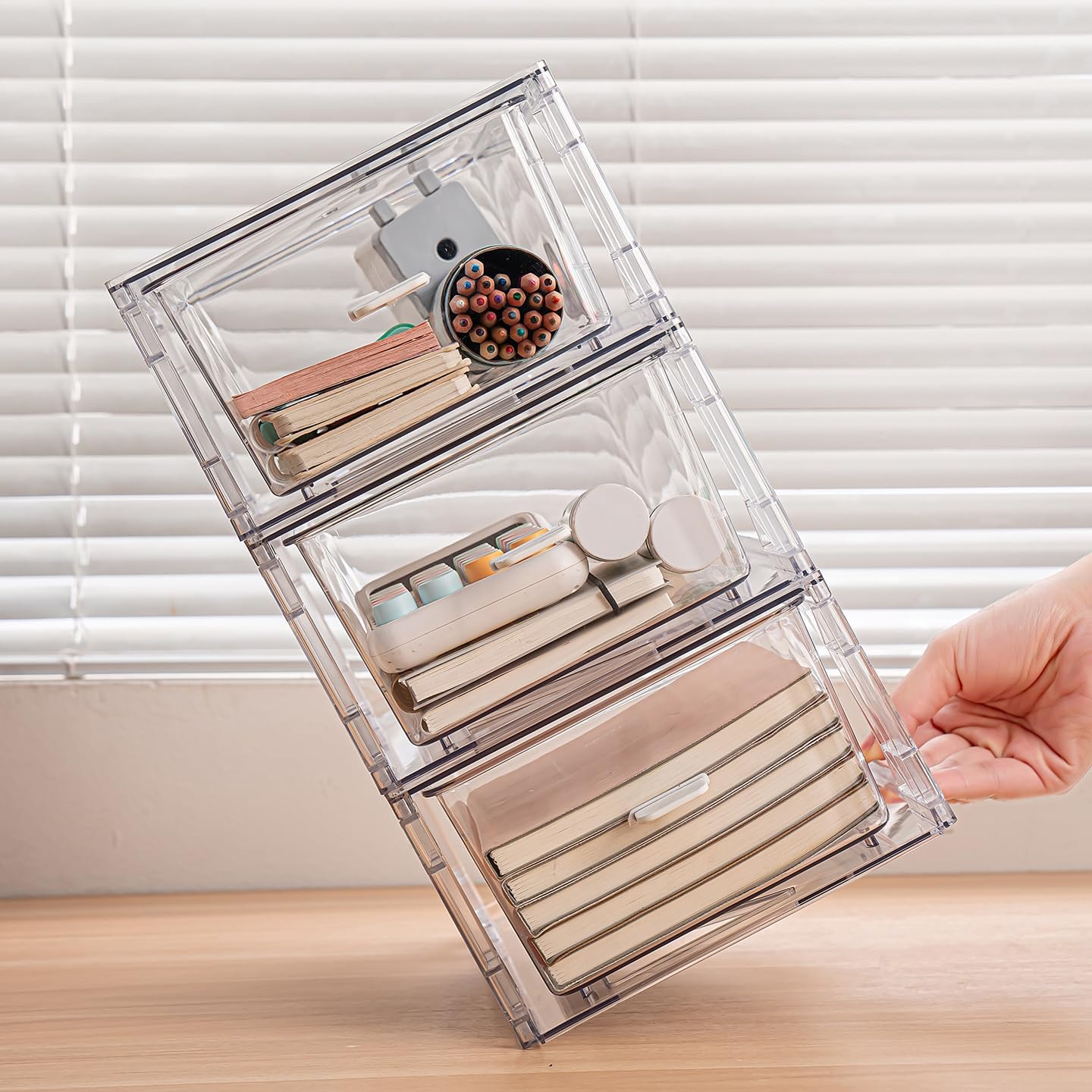 2 Pack Stackable Makeup Organizer,Modular Storage Bins with Handles for Fridge,Bathroom,Kitchen Under sink,Cabinet,Pantry Organization Drawer