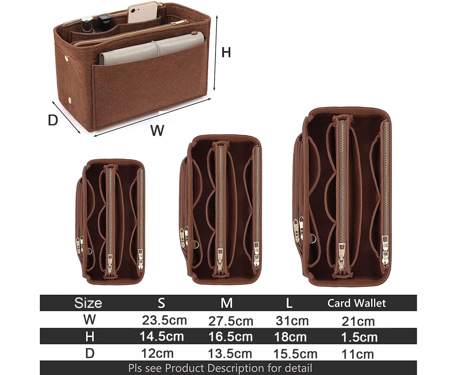 Yoillione Feltro Organizer Borsa Donna Medio Beige, Purse Tote Bag Organizer per Borsa Interno, Organizzatore Borsa con Porta Carte Credito con Zip