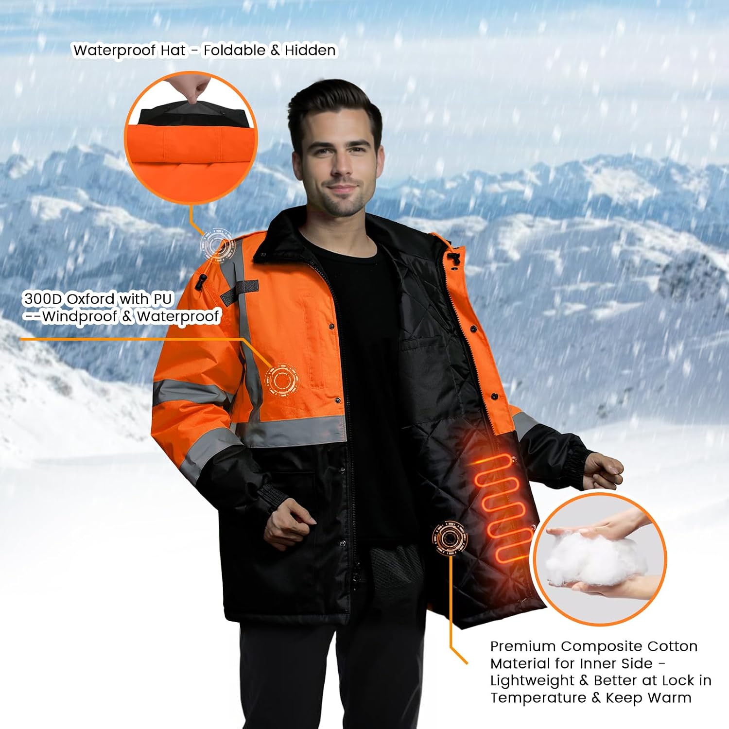 TCCFCCT Safety Jacket for Men & Women, Hi Vis Reflective Jackets with Pockets, Construction Coats for Cold Weather, High Vis Rain Gear, Waterproof, Long J-Orange, M