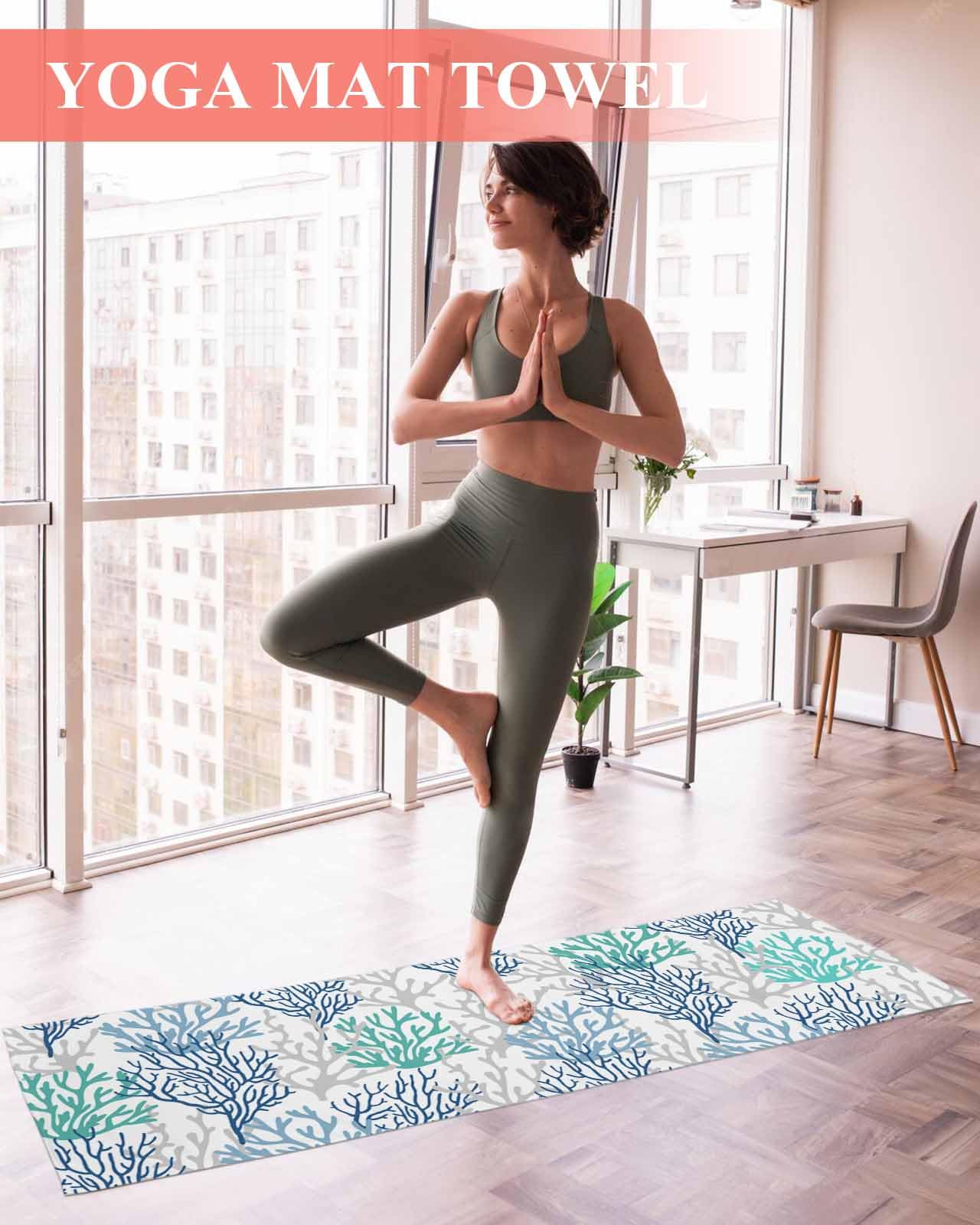 Zadaling Yoga Mat Towel with Corner Pockets Summer Ocean Sea Coral Blue Teal Gray Non Slip Sweat Absorbent Hot Yoga Towels, Yoga Blankets Skidless Mat Cover for Workout, Gym, Fitness - 70