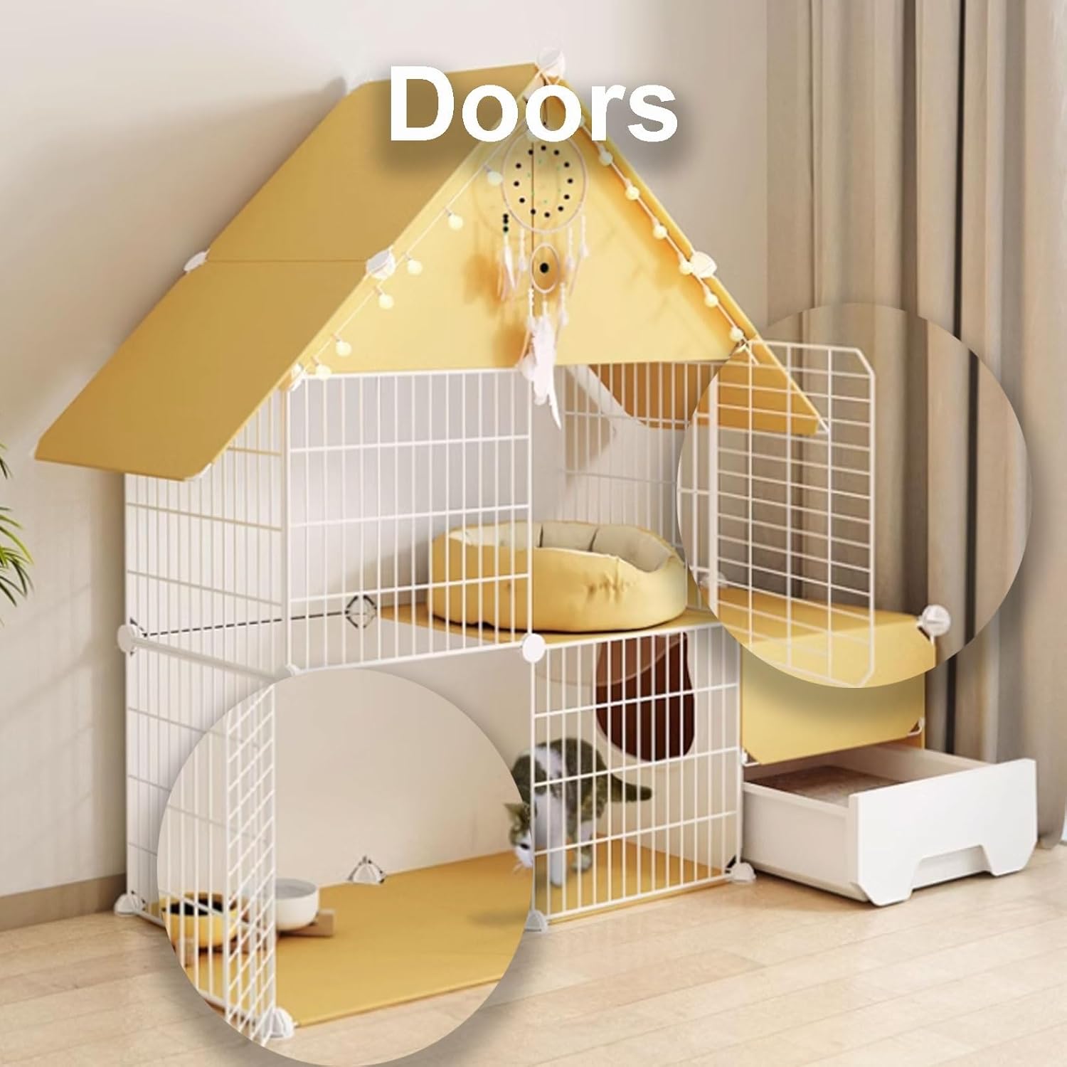 Cat Cages Indoor, Cat Playpen with Top Cover, Cat Crates, Cat Enclosures House-Shaped for Ferret, Chinchilla, Rabbit, Small Animals(70 * 35 * 105cm)