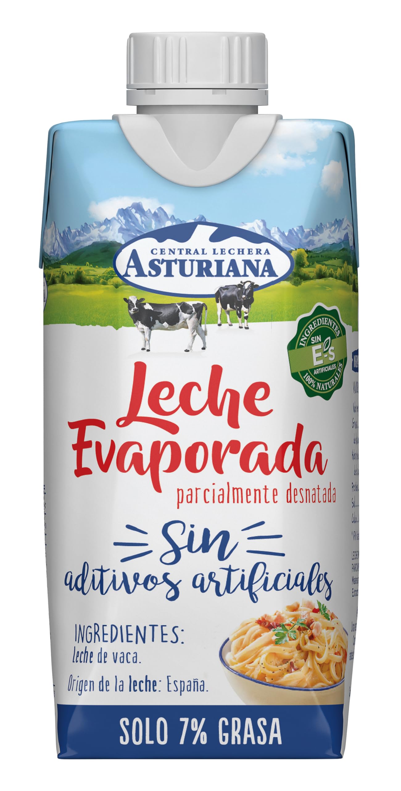 Central Lechera Asturiana Leche Evaporada parcialmente desnatada 7% MG, Brik 345g