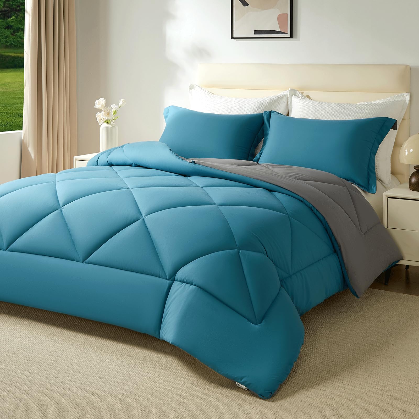 beeweed Coverless Single Duvet 13.5 Tog - 135x200cm, Peacock Blue/Grey