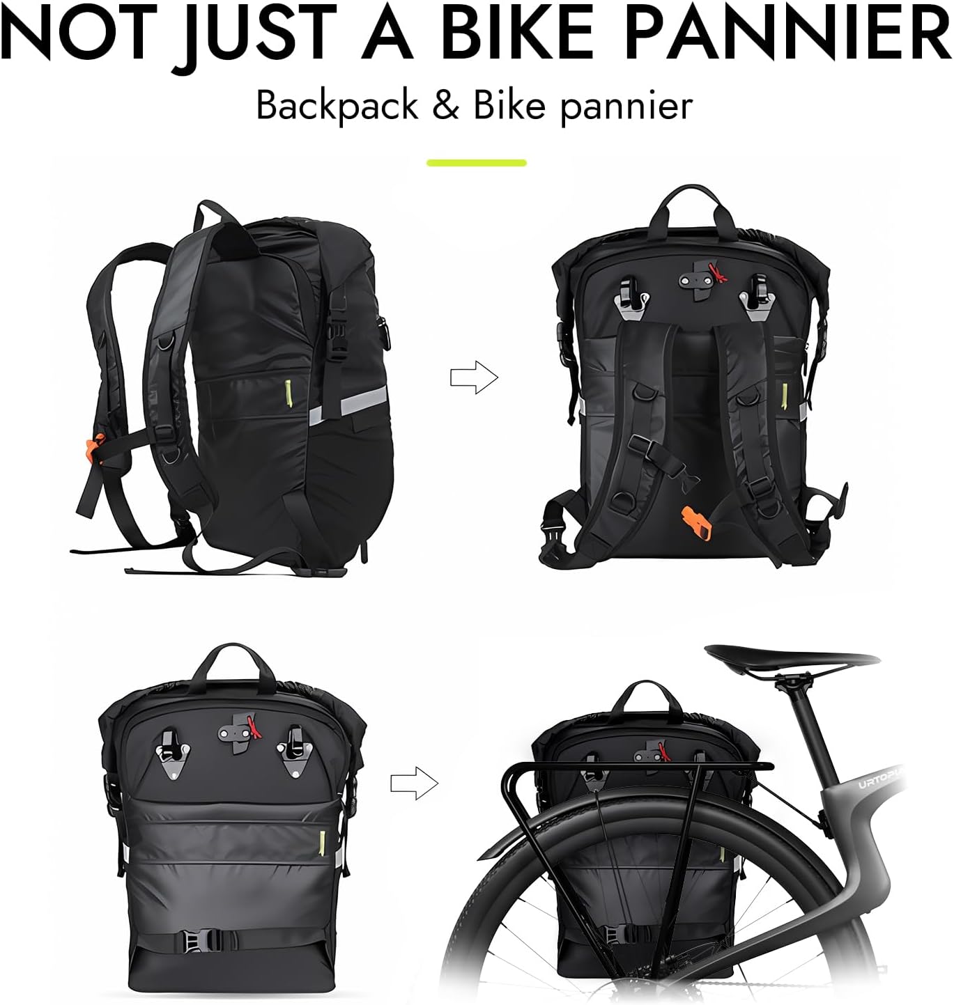URTOPIA Bike Panniers, Waterproof Rear Bike Rack Bag with Reflective Strips, Safety Whistle, Easy to Install and Fix, 25L large Capacity Bicycle Backpack for Cycling, Commuting Traveling - Image 6