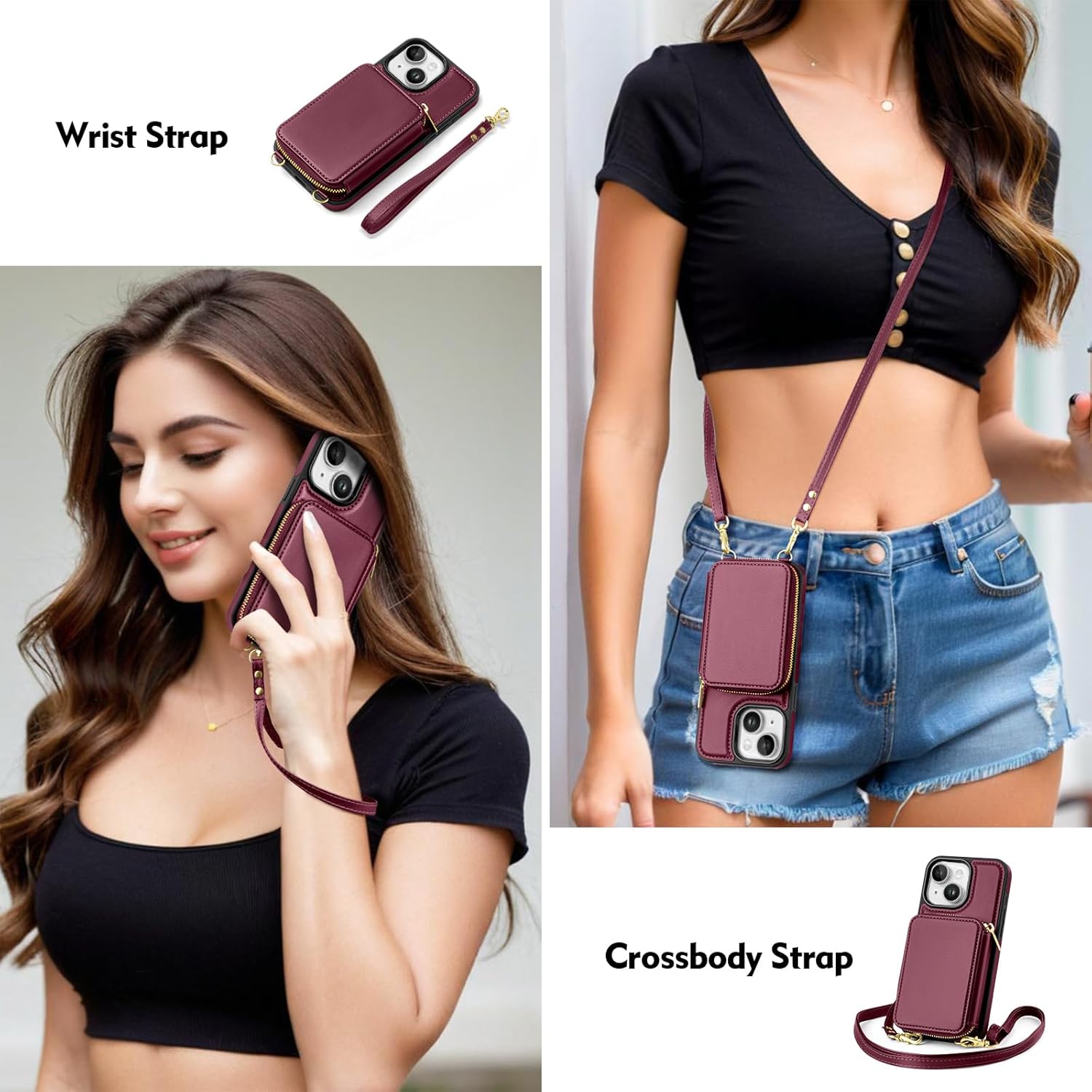 SkyEagle Compatible with iPhone 15 Wallet Case for Women【RFID Blocking】 Crossbody Phone Case PU Leather Zipper Handbag Wrist Strap Cover Credit Card Holder,for Apple 15 6.1",Wine Red
