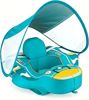 Baby Pool Float with Canopy, Inflation-Free Airplane Seat Ring, Blue and Pink, for Ages 6-36 Months