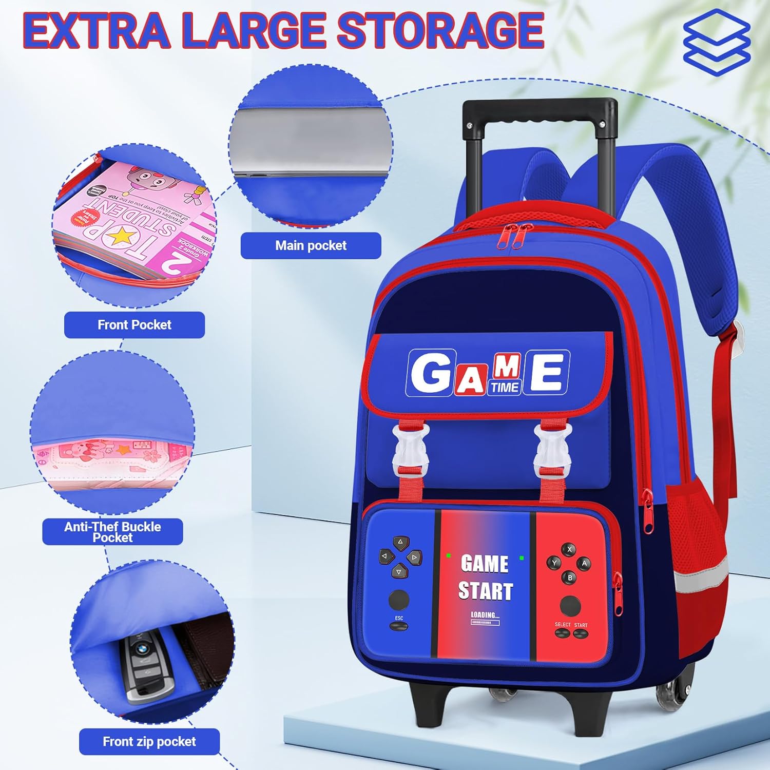 3PCS Kids Rolling Backpack for Boys - Gamer Boys Rolling Backpack with Lunch Bag Set for School & Travel,Lightweight Roller Bookbag for Elementary Middle School Students