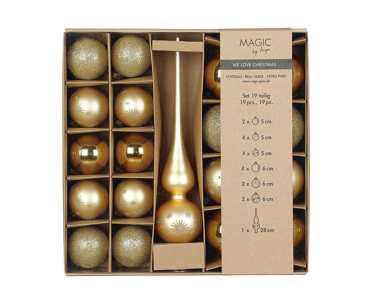 Weihnachtskugeln Glas Mix 5-6cm mit Christbaumspitze 19er Set Christbaumkugeln Gold Inkagold