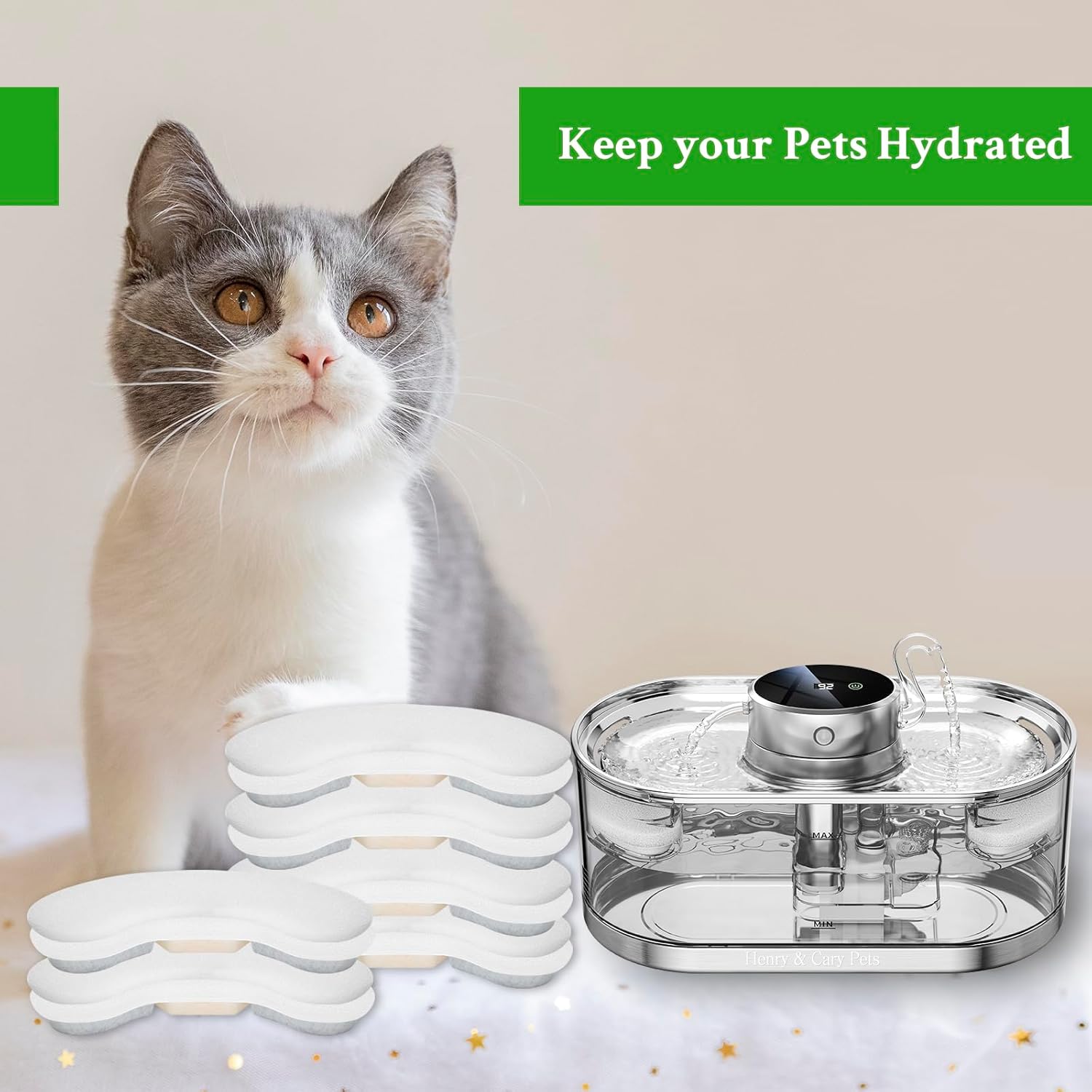 Replacement Filters for Wireless Cat Water Fountain, 6 Pack Filters & Sponges Set, Soften Water, Filter impurities, Adsorb Odour, Automatic Pet Fountain Filters -Henry & Cary Pets