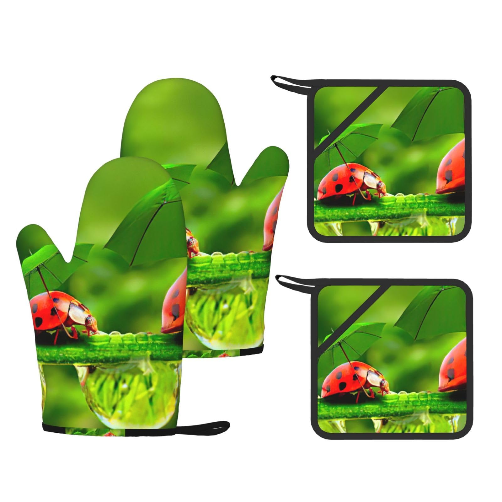 Funny Ladybug Holding Umbrellas Print Oven Mitts And Pot Holders Pads Set, Oven Glove High Heat Resistant 500 Degree For Kitchen