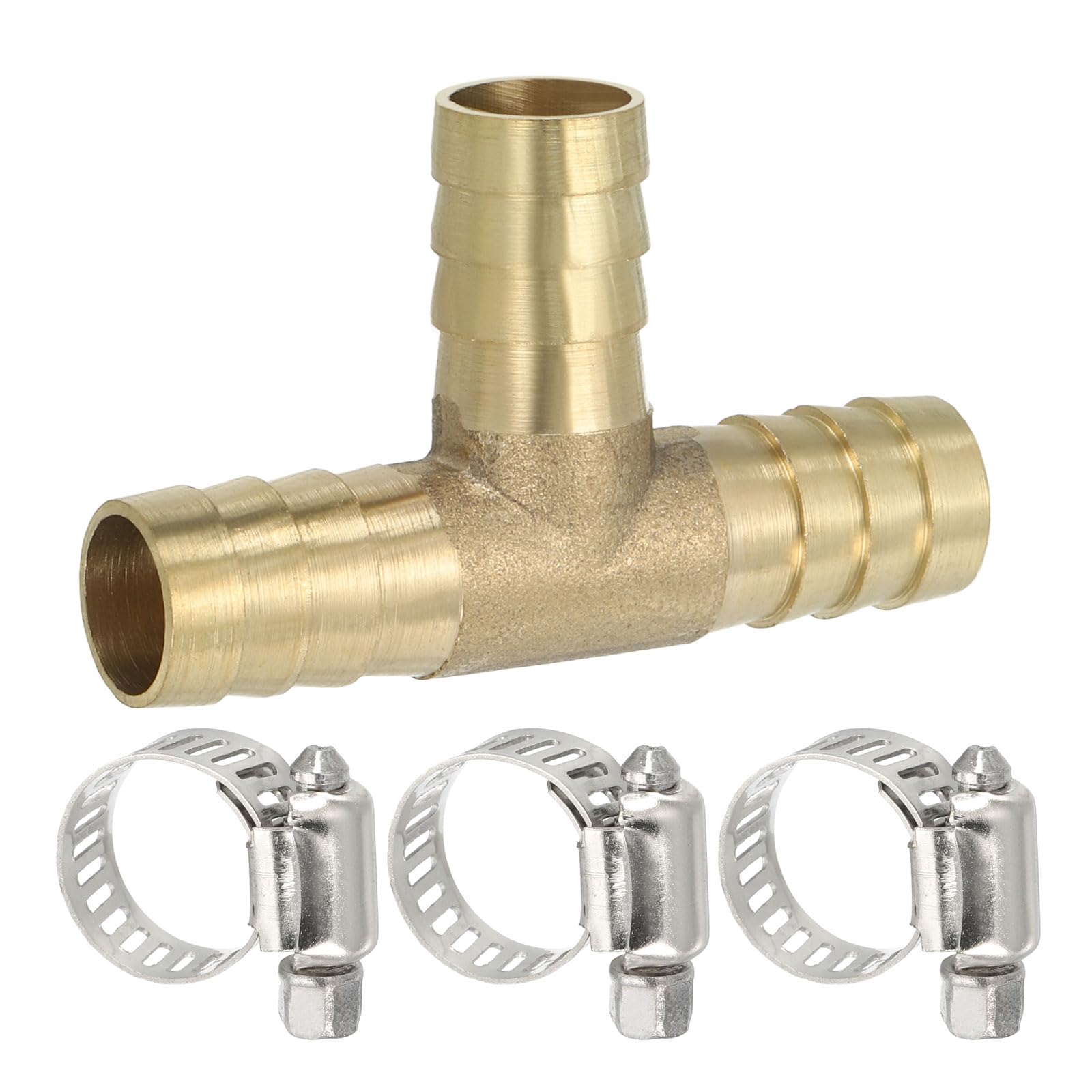 PATIKIL 1/2" Brass Tee Hose Barb Fitting, 3 Ways Union Intersection T Shape Barbed Split with Clamps for Air Water Fuel Gas Liquid, Golden