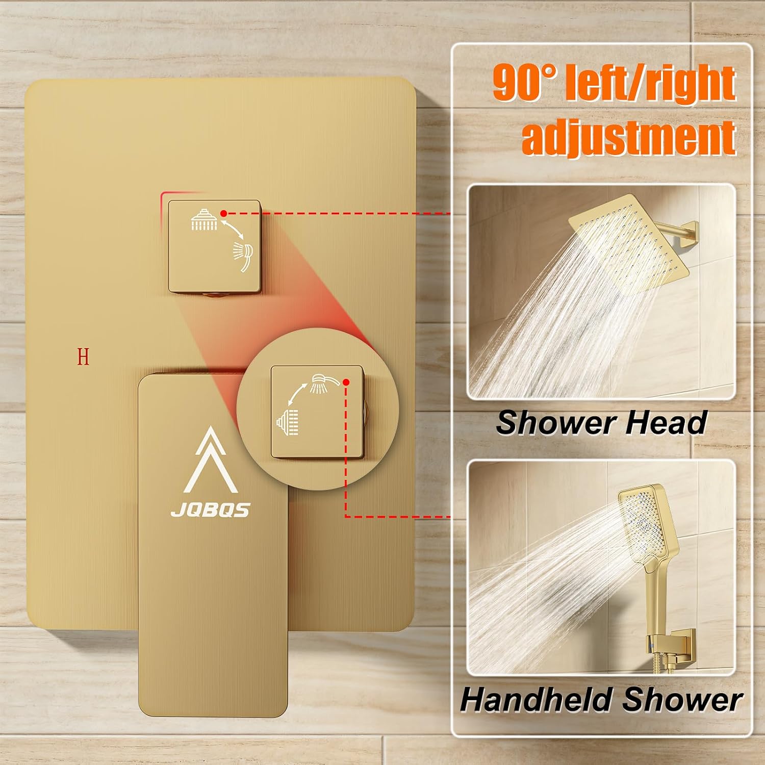 Shower System Modern Rain 8 inches Brass Faucet Set With Valve and Diverter Shower Mixer With Handheld High Pressure Square Rainfall Shower Valve (8'' Wall Mount, Brushed Gold)