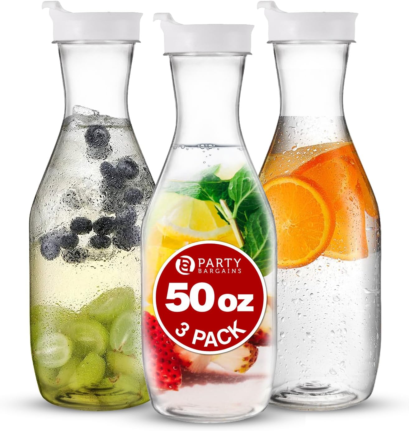 PARTY BARGAINS 50 oz Plastic Carafe with White Flip-Tab Lid, Clear – 3 Pack Heavy-Duty Spill-Resistant Pitchers for Iced Tea, Juice, Cold Beverages, Powdered Drinks, Mimosa Bar